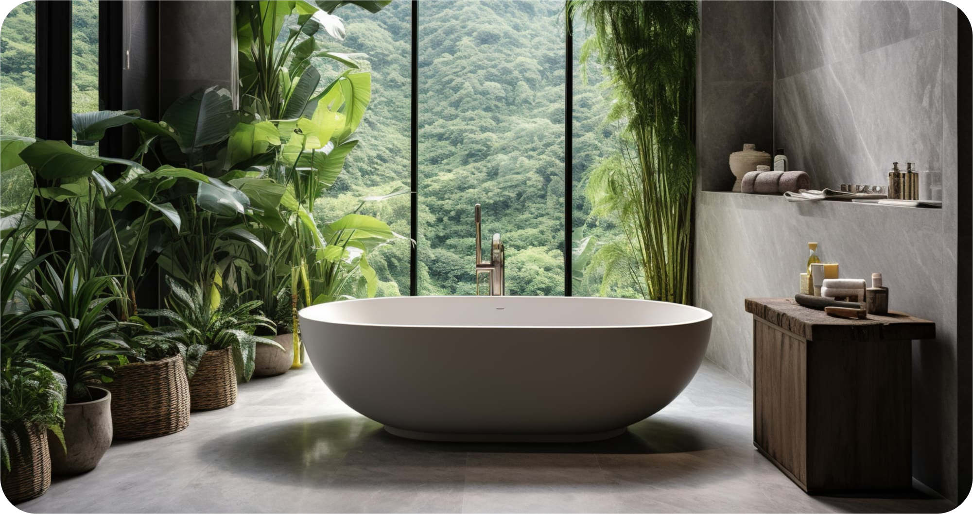 An opulent freestanding bathtub in a spacious, modern bathroom with floor-to-ceiling windows offering a lush forest view, creating a tranquil spa-like atmosphere.