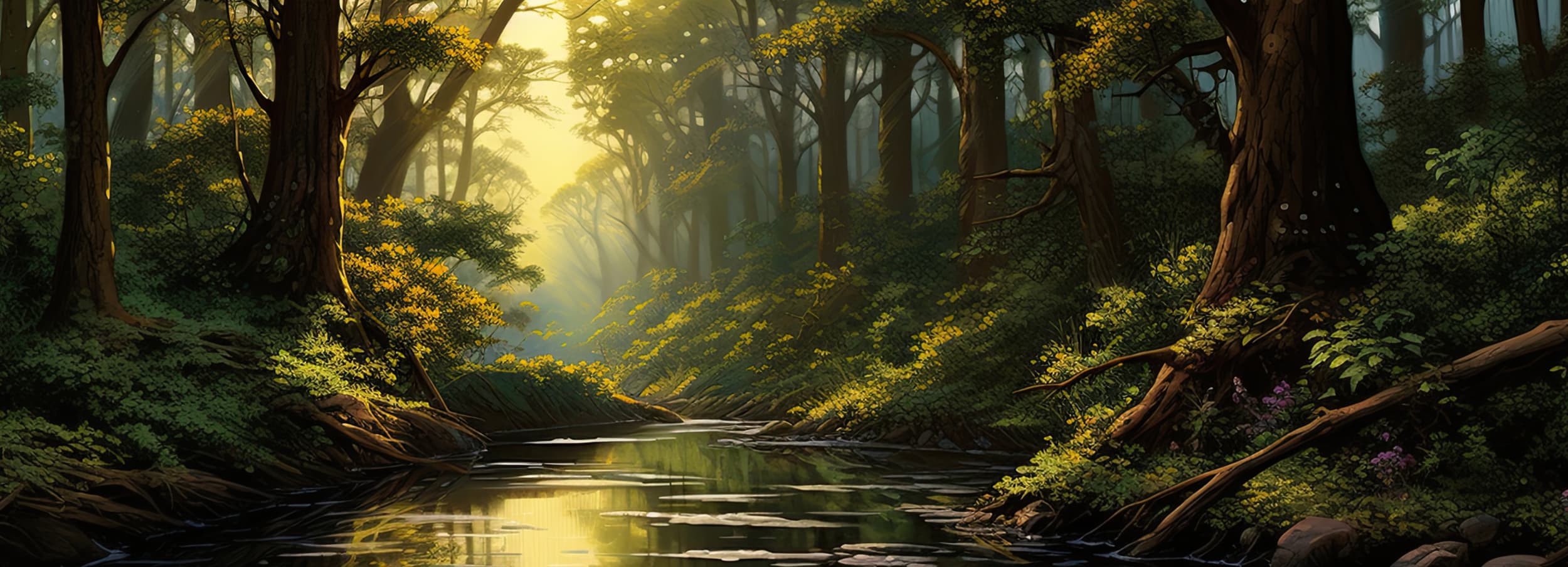 A panoramic view of a serene river meandering through a mystical forest with sunlight filtering through the dense foliage, highlighting the lush greenery and tranquil waters. The art conveys a sense of peacefulness.