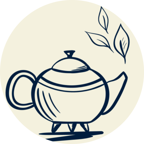 An illustrated icon of a stylized teapot with leaves, symbolizing a sense of smell and aromatherapy, encapsulated within a circular frame on a neutral background.