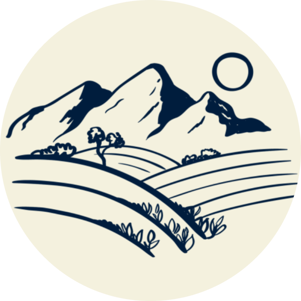 An illustrated icon featuring a mountainous landscape with sun, trees, and flowing fields, representing the sense of hearing and tranquility, set within a circular frame.