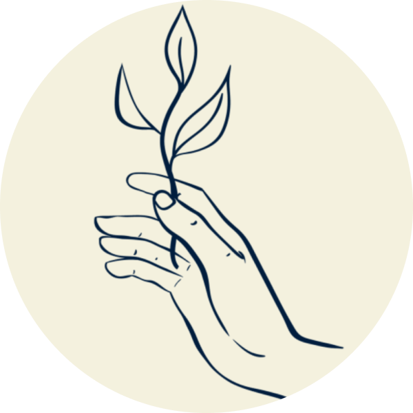 An illustration of a human hand gently holding a plant sprout, symbolizing touch and connection with nature, contained within a round, neutral-toned frame.